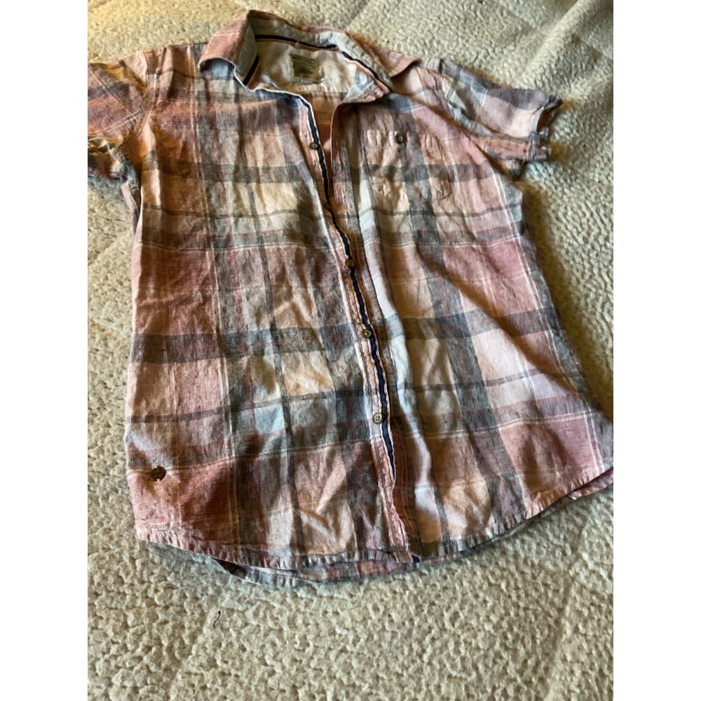 Point Zero Button Down Mens Small Pink Excellent Linen Blend Plaid Short Sleeve‎